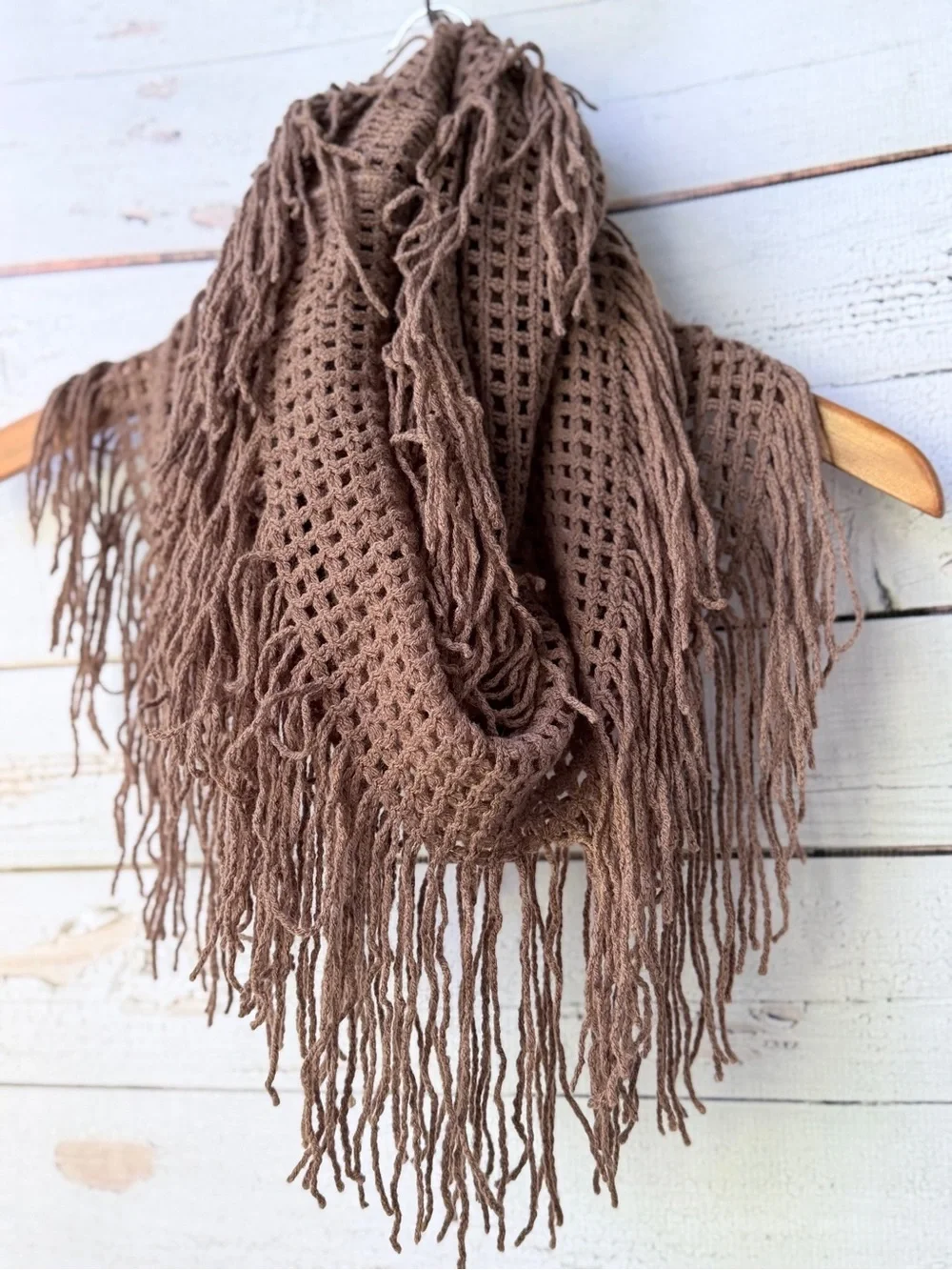 Fringed Open-Weave Brown Wrap Scarf